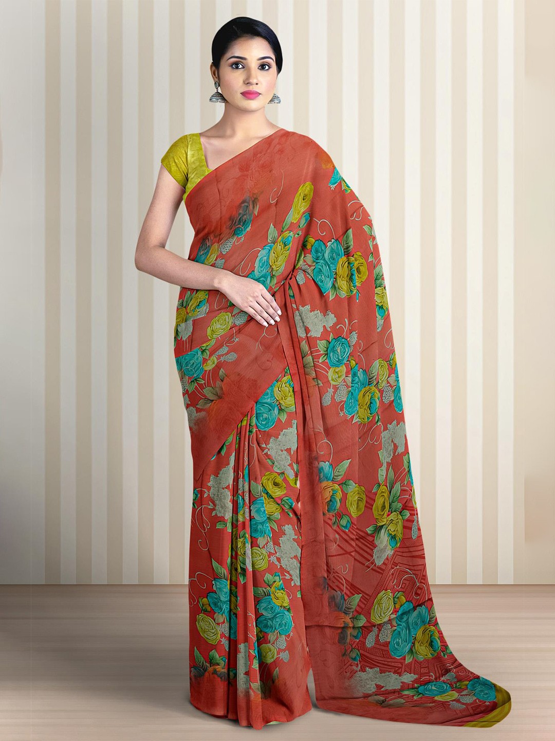 

Kalamandir Floral Printed Saree, Rust