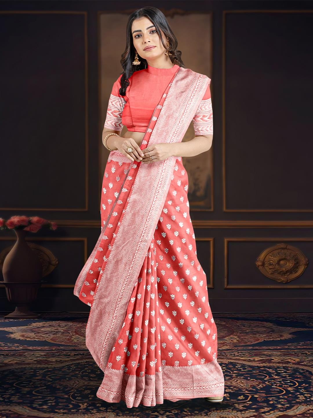 

Kalamandir Woven Design Zari Saree, Coral