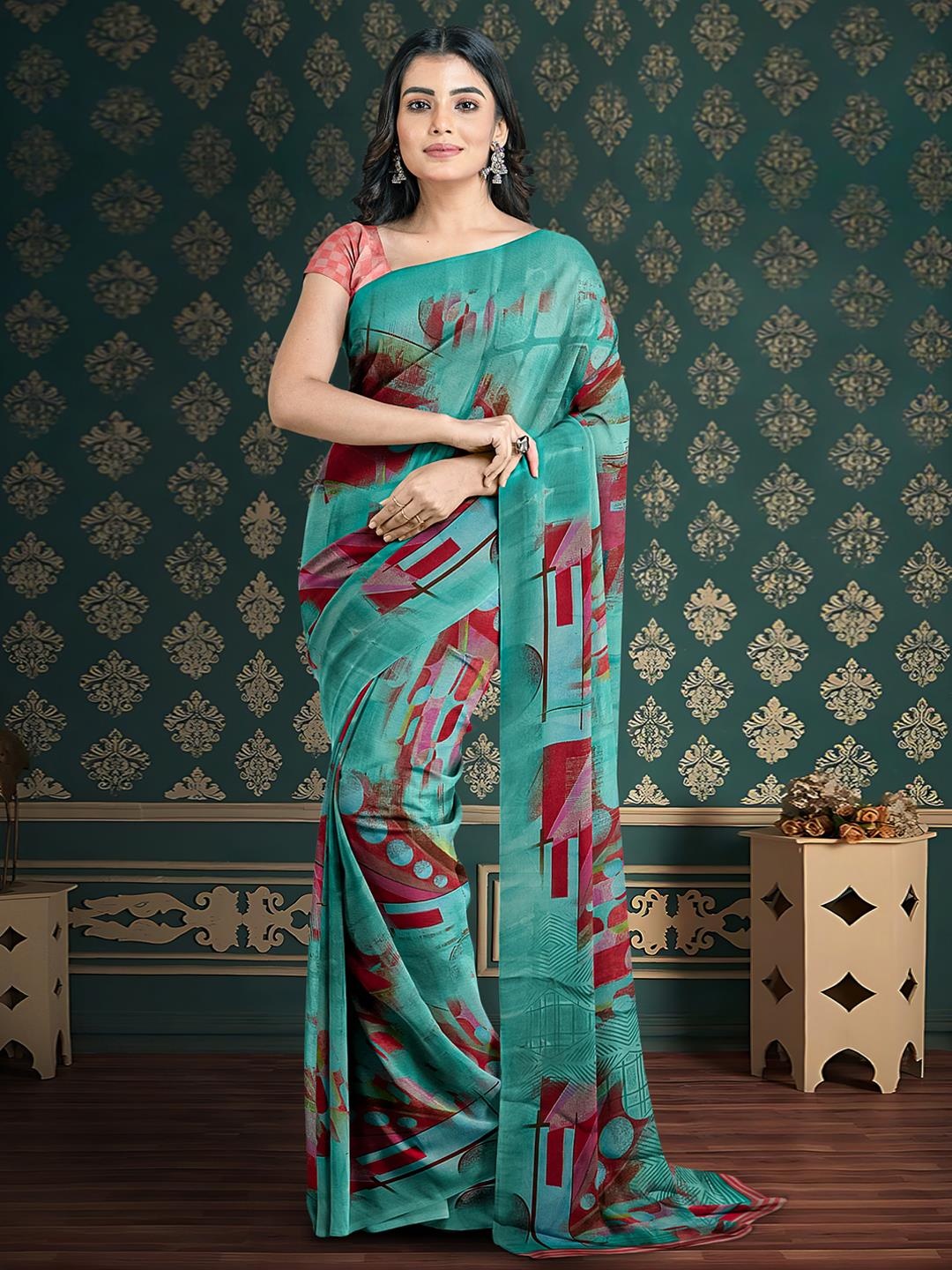 

Kalamandir Abstract Printed Saree, Teal