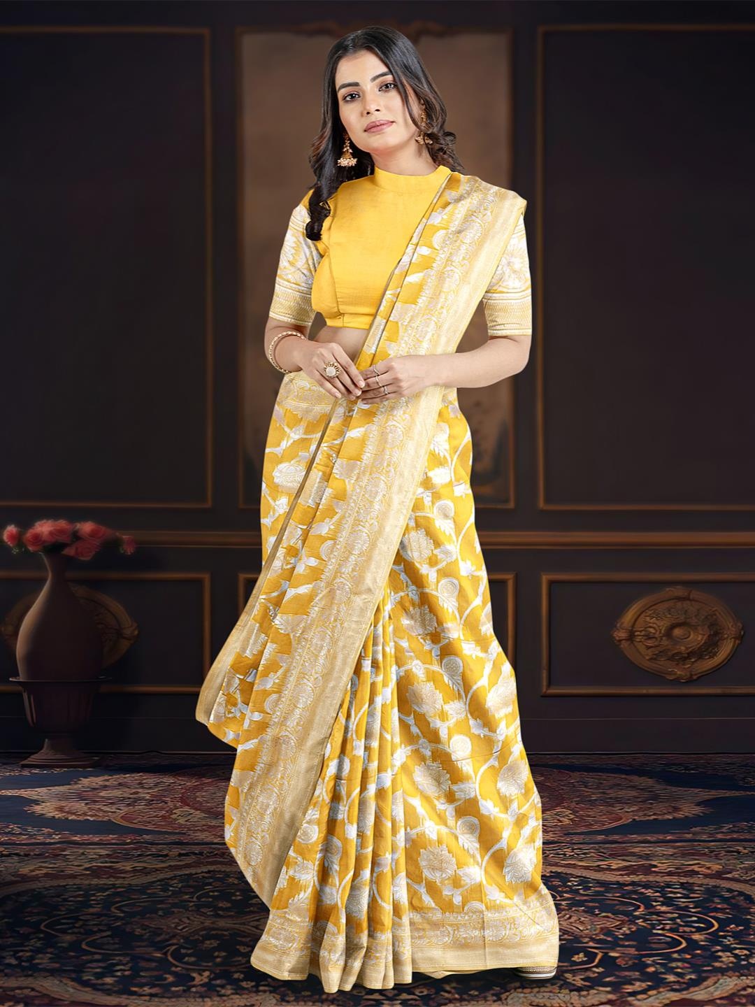 

Kalamandir Ethnic Motifs Zari Saree, Yellow