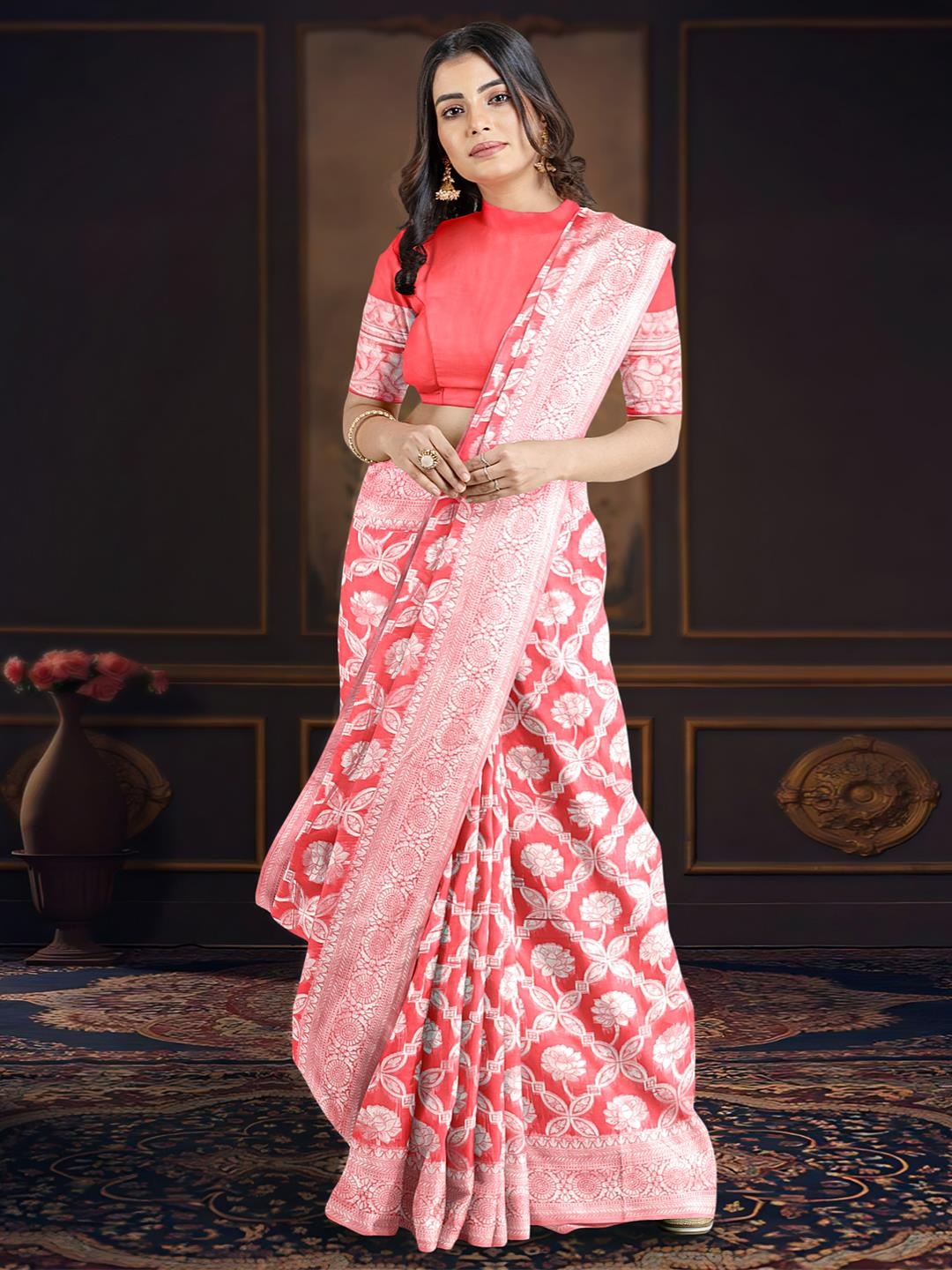 

Kalamandir Floral Woven Design Zari Saree, Coral