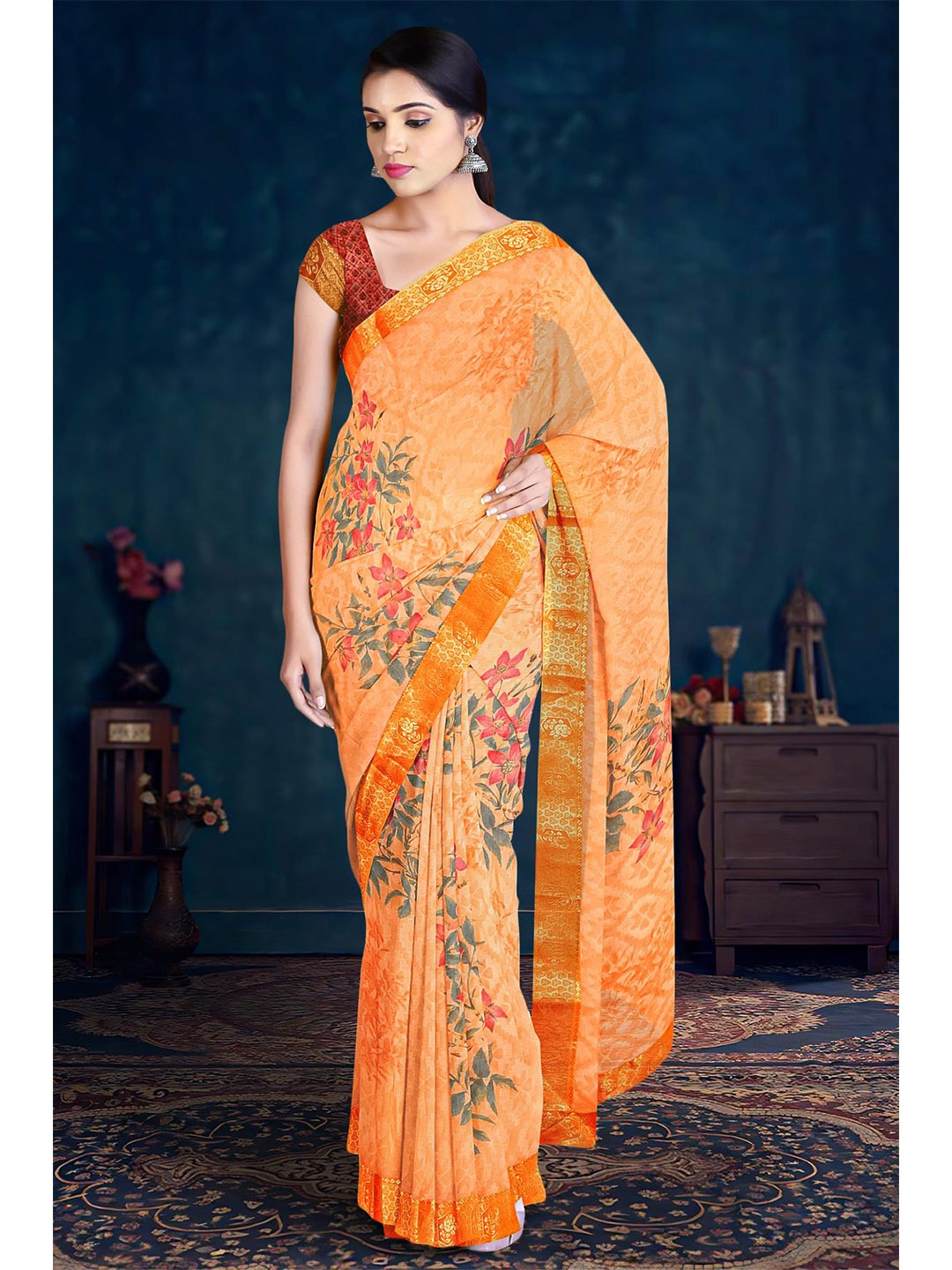 

Kalamandir Orange & Green Floral Silk Blend Saree