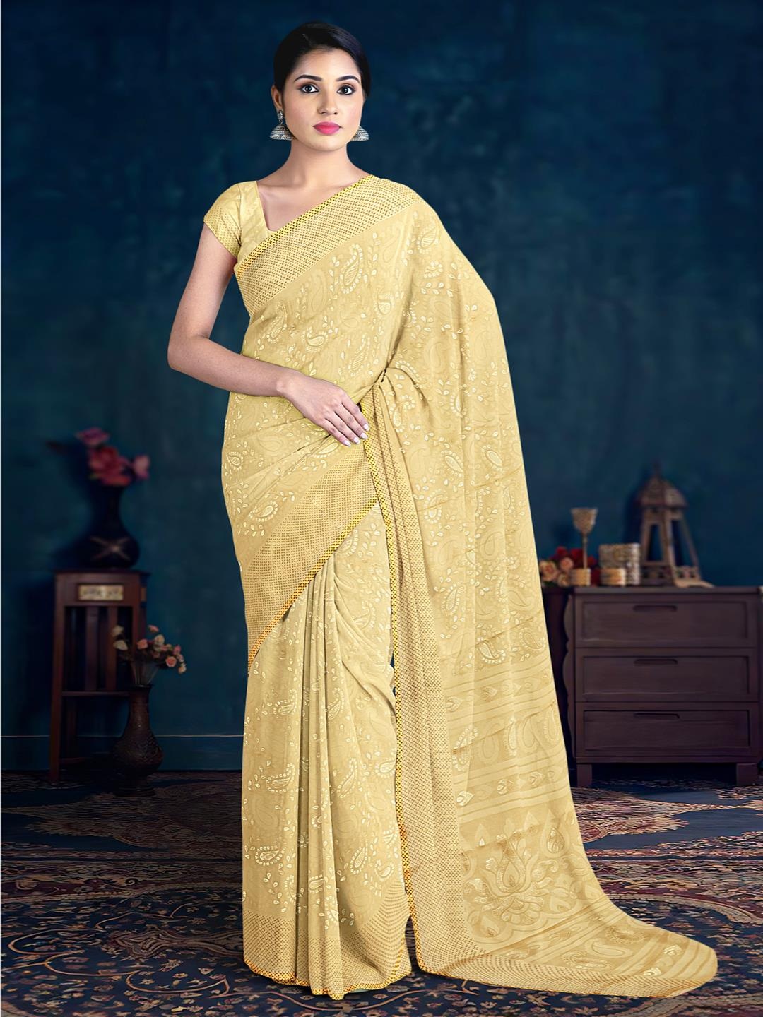 

Kalamandir Paisley Printed Bordered Saree, Yellow