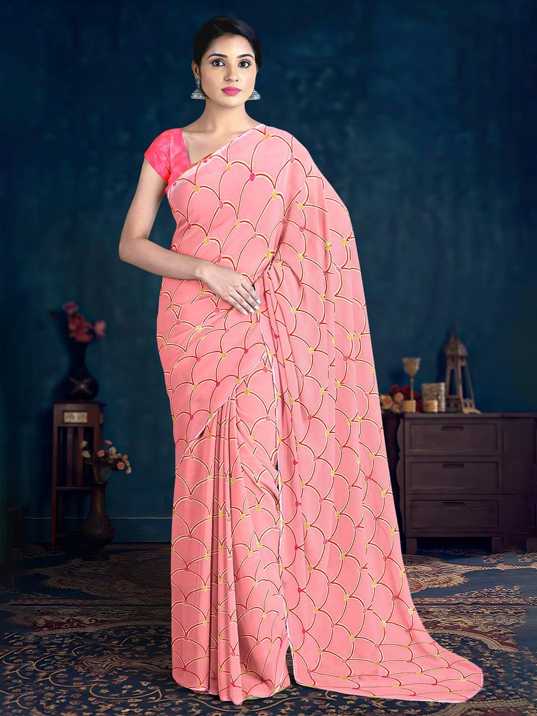 

Kalamandir Printed Silk Blend Saree, Pink