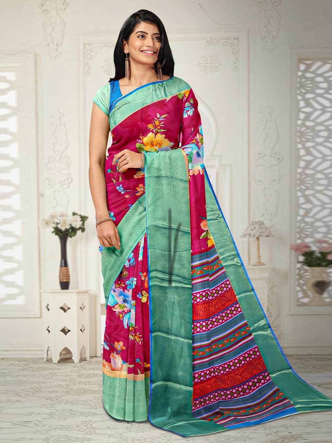 

Kalamandir Floral Silk Blend Saree, Pink