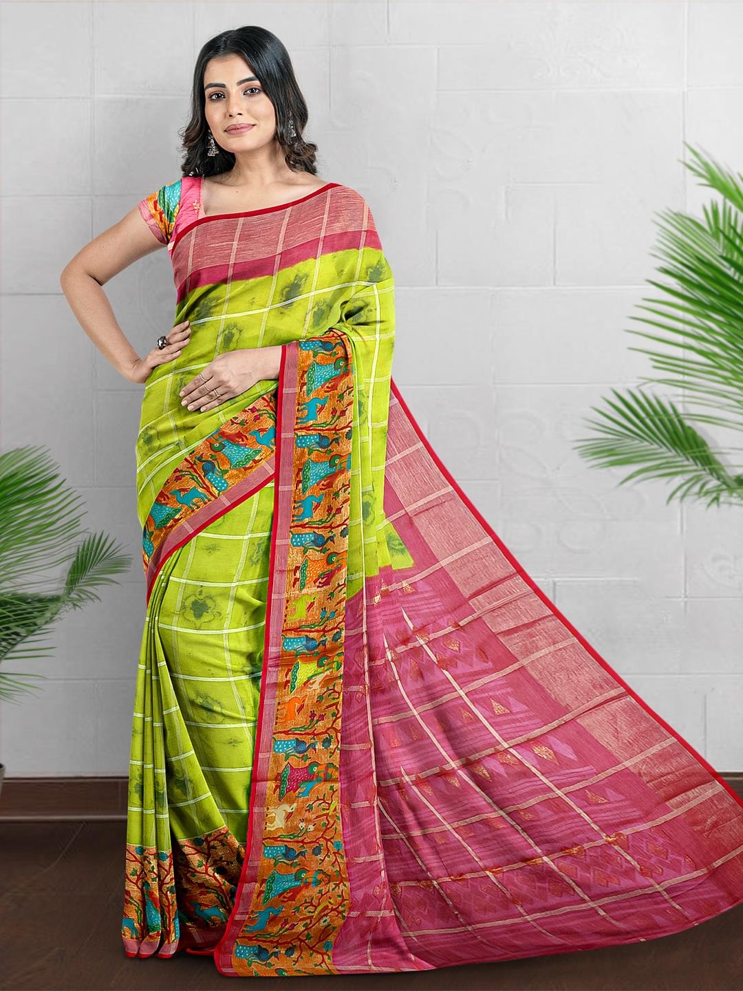 

Kalamandir Checked Silk Blend Saree, Green