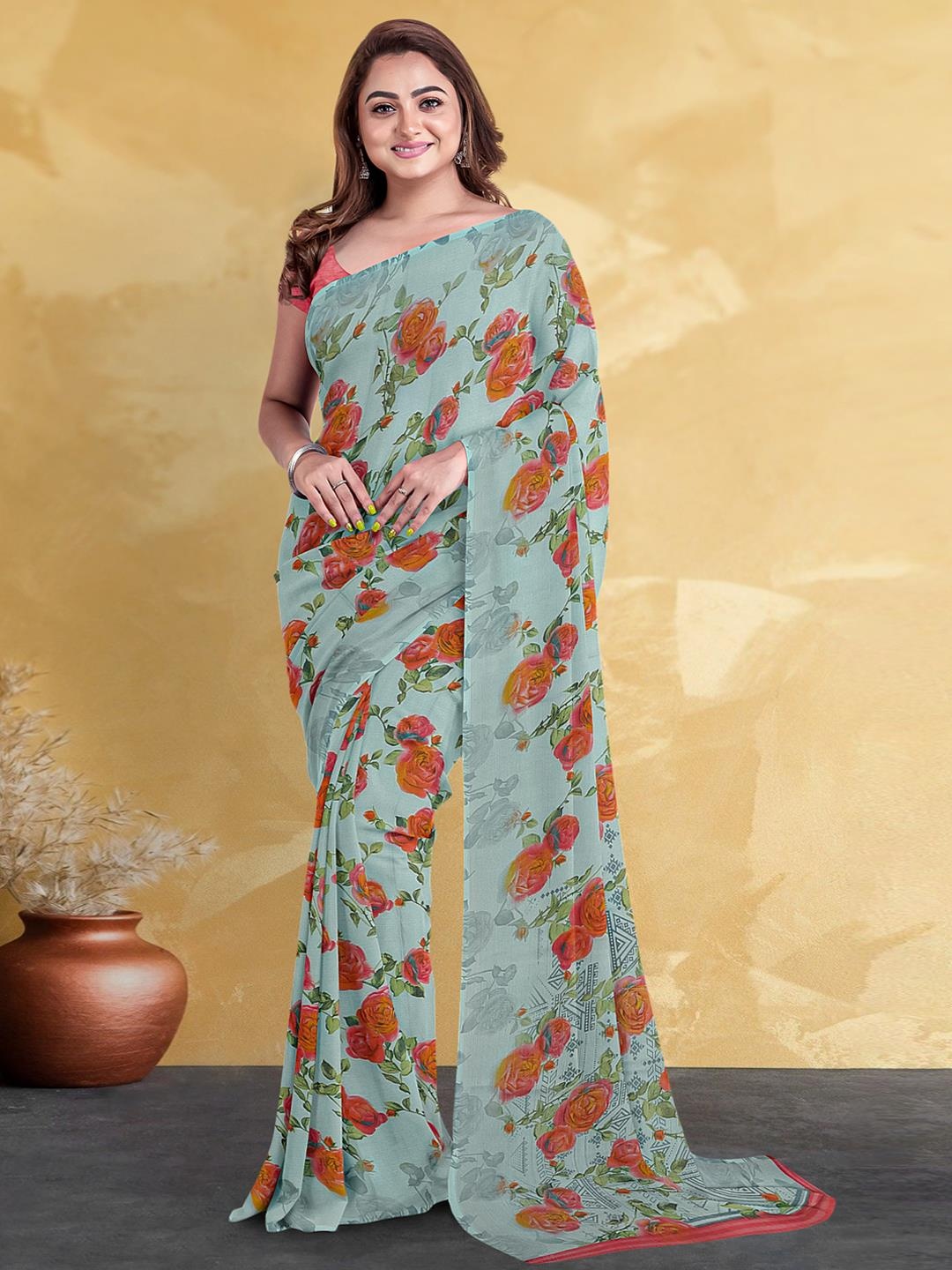 

Kalamandir Floral Saree With Blouse Piece, Grey