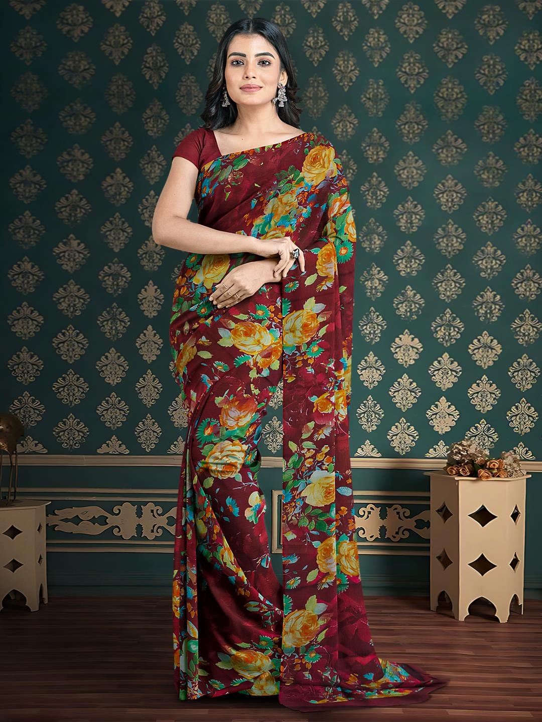 

Kalamandir Floral Saree With Blouse Piece, Maroon