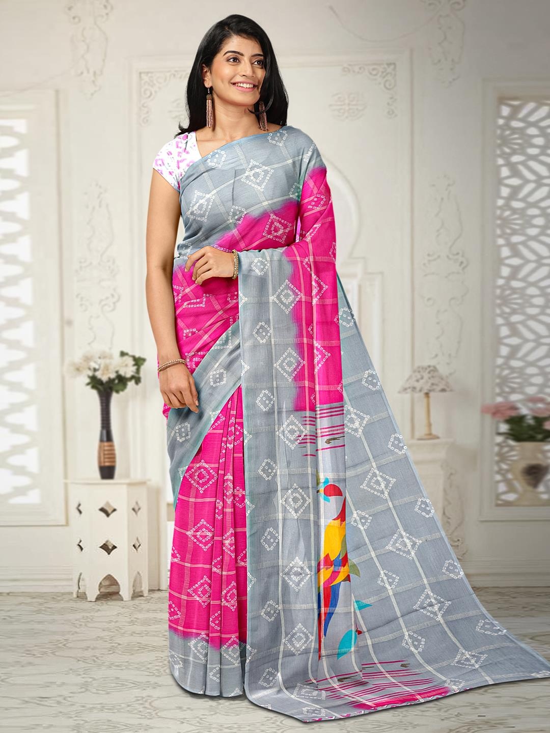 

Kalamandir Checked Silk Blend Saree, Pink