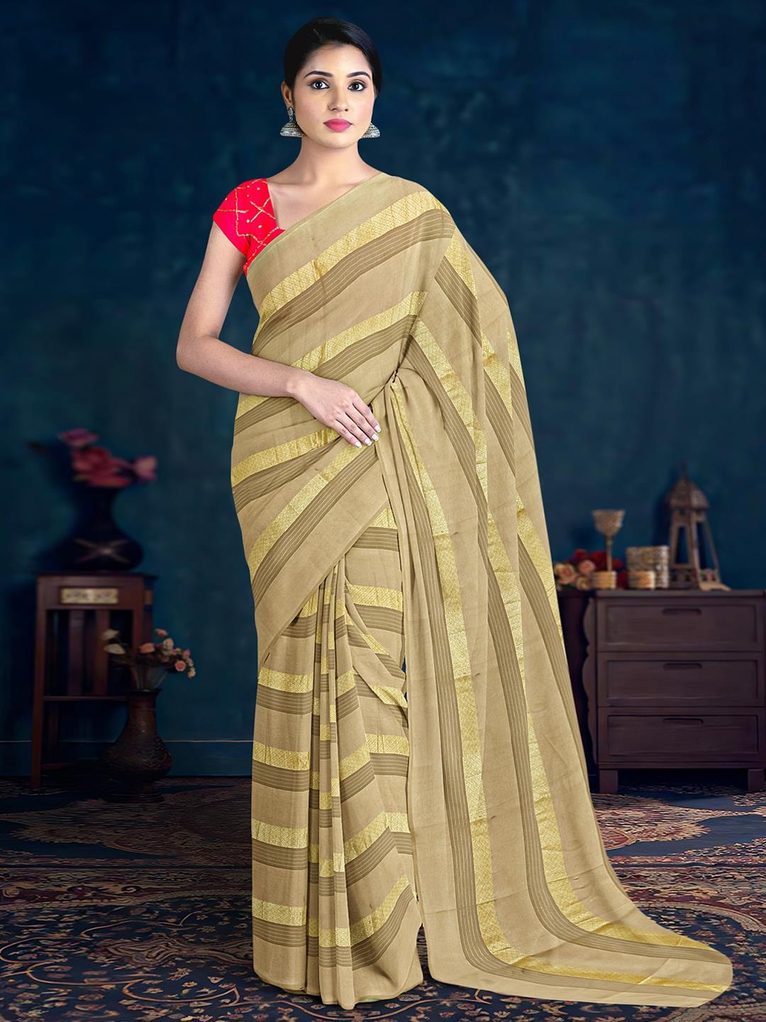 

Kalamandir Striped Sequinned Saree, Beige