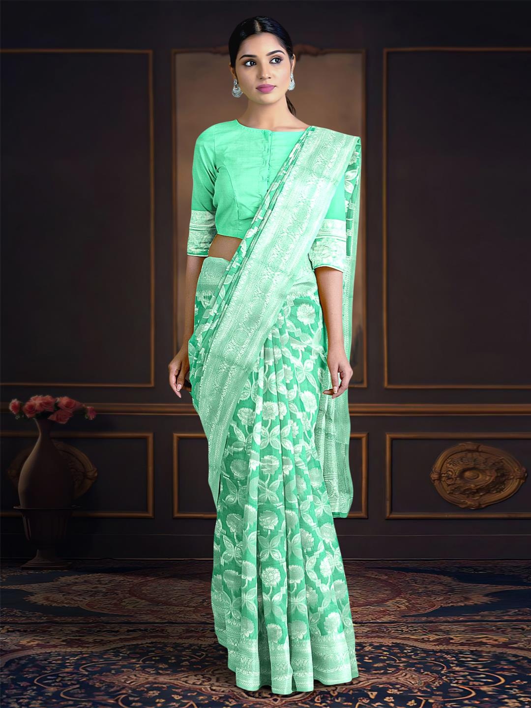 

Kalamandir Floral Zari Saree, Sea green