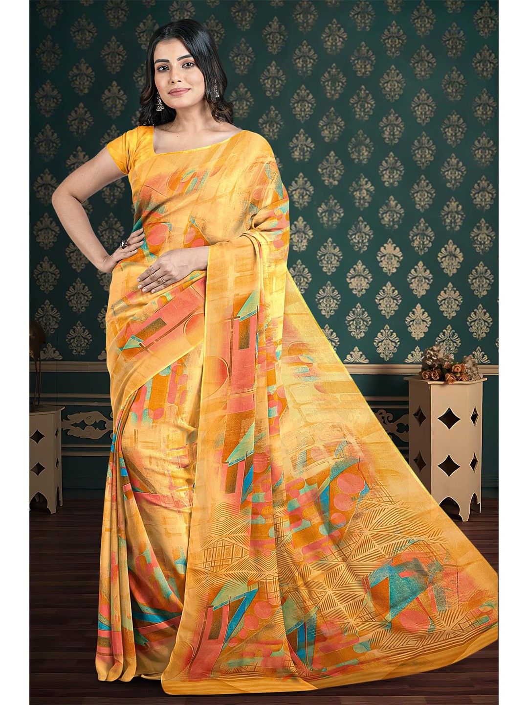 

Kalamandir Printed Saree, Mustard