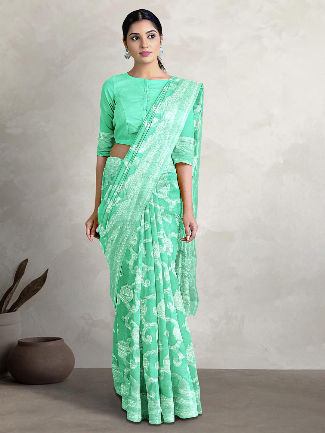 

Kalamandir Ethnic Motifs Woven Design Zari Saree, Sea green