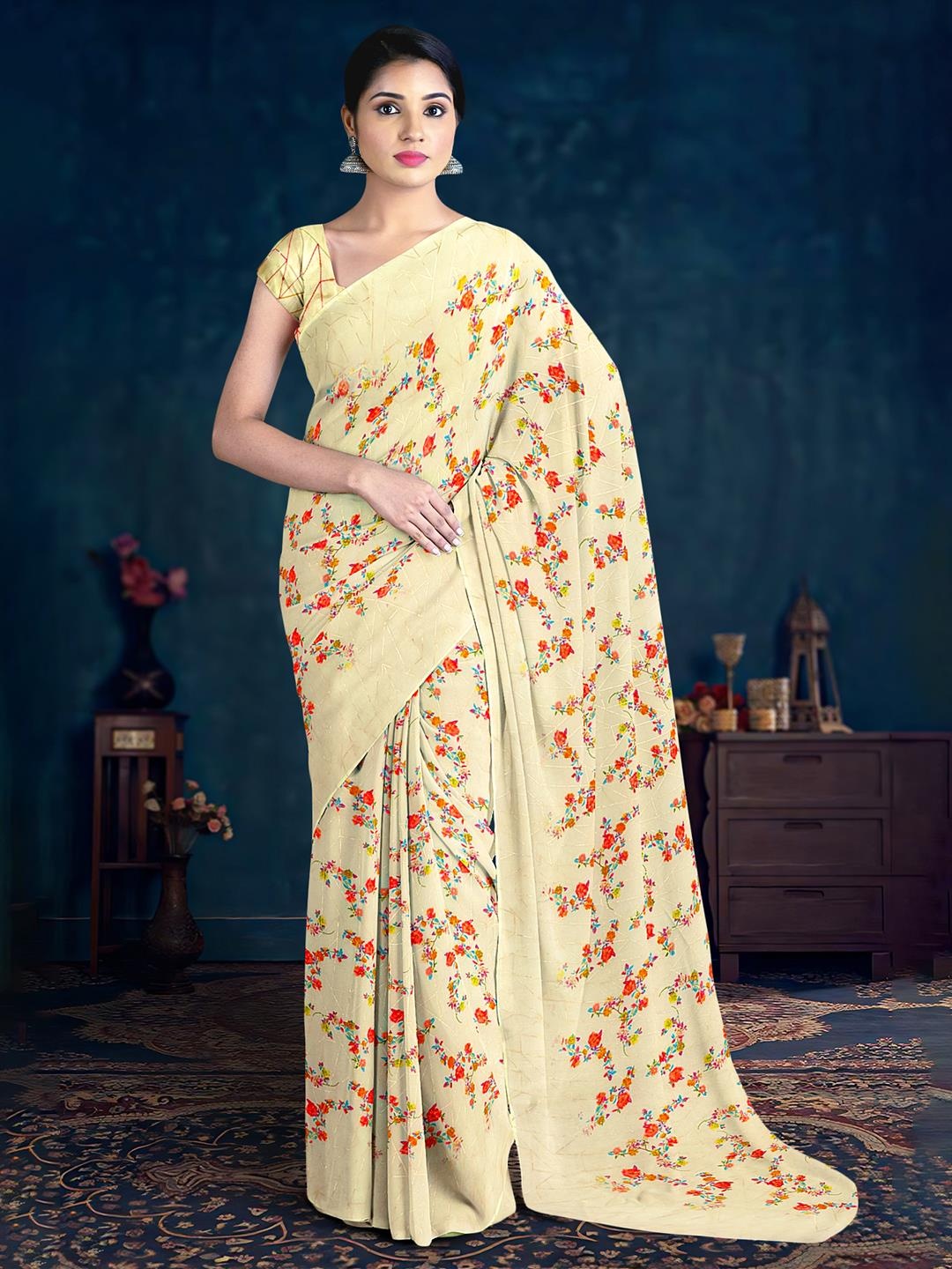 

Kalamandir Floral Zari Silk Blend Saree, Beige