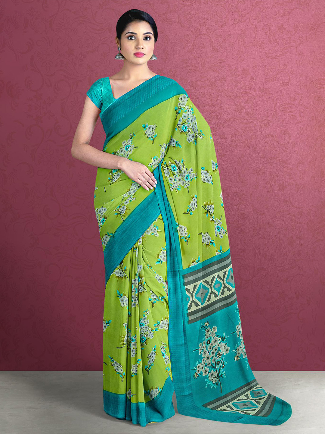 

Kalamandir Floral Printed Saree, Olive