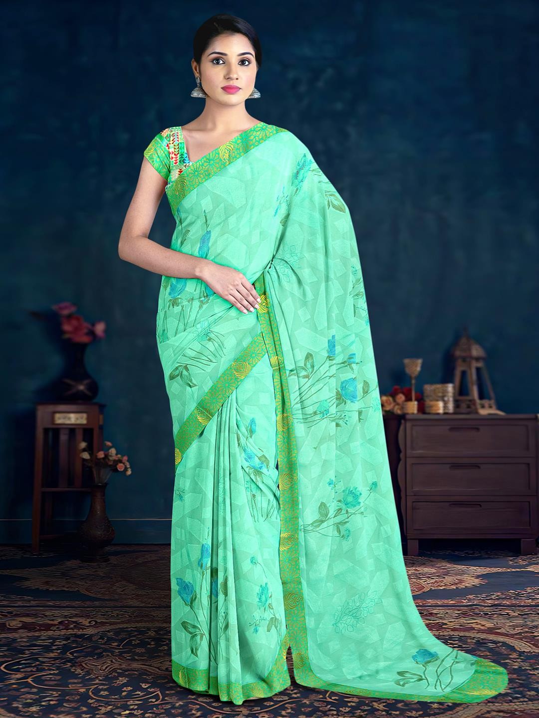 

Kalamandir Floral Printed Saree, Sea green