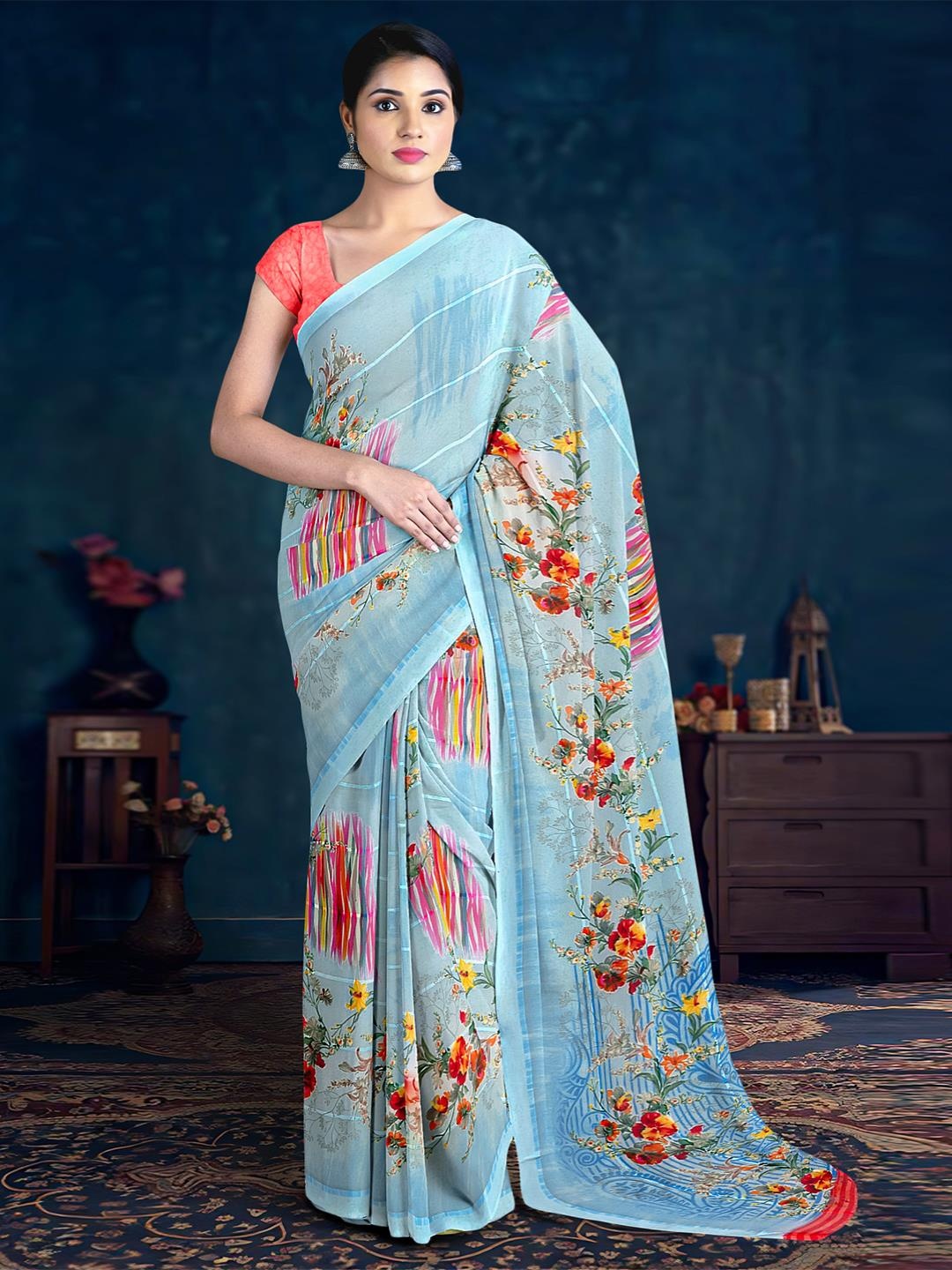 

Kalamandir Floral Printed Saree, Blue