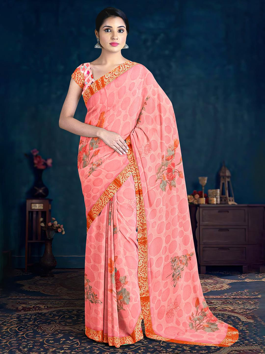 

Kalamandir Floral Printed Saree, Peach