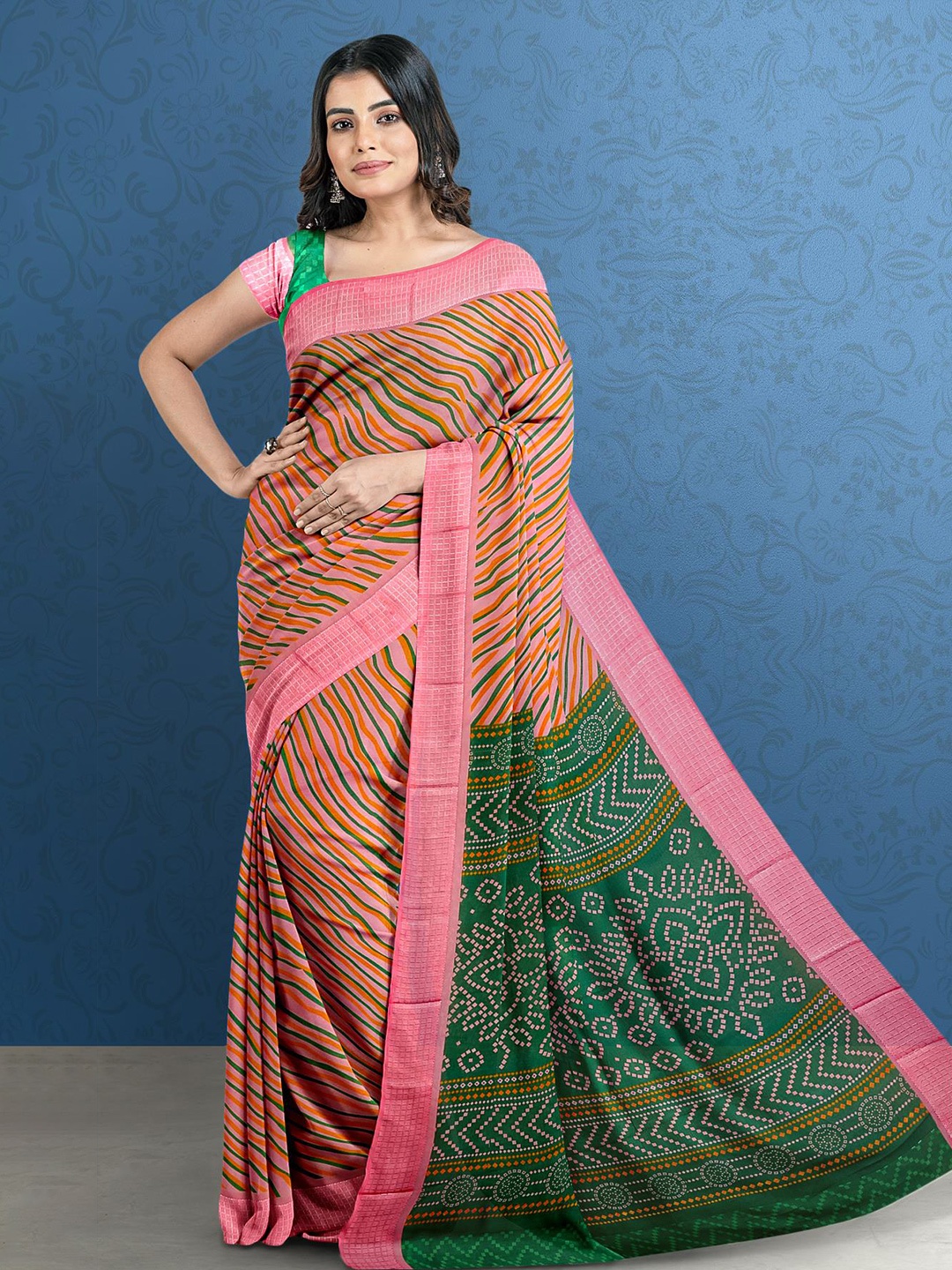 

Kalamandir Leheriya Printed Woven Design Bordered Saree, Pink