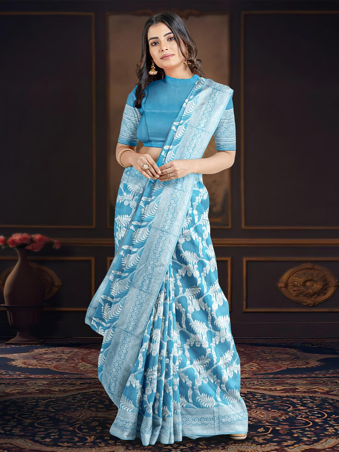 

Kalamandir Woven design Floral Zari Saree, Blue