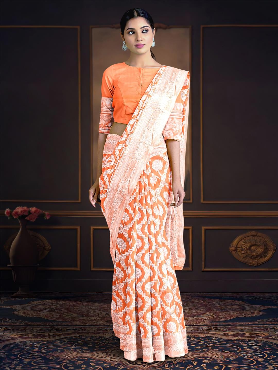 

Kalamandir Floral Woven Design Zari Saree, Peach