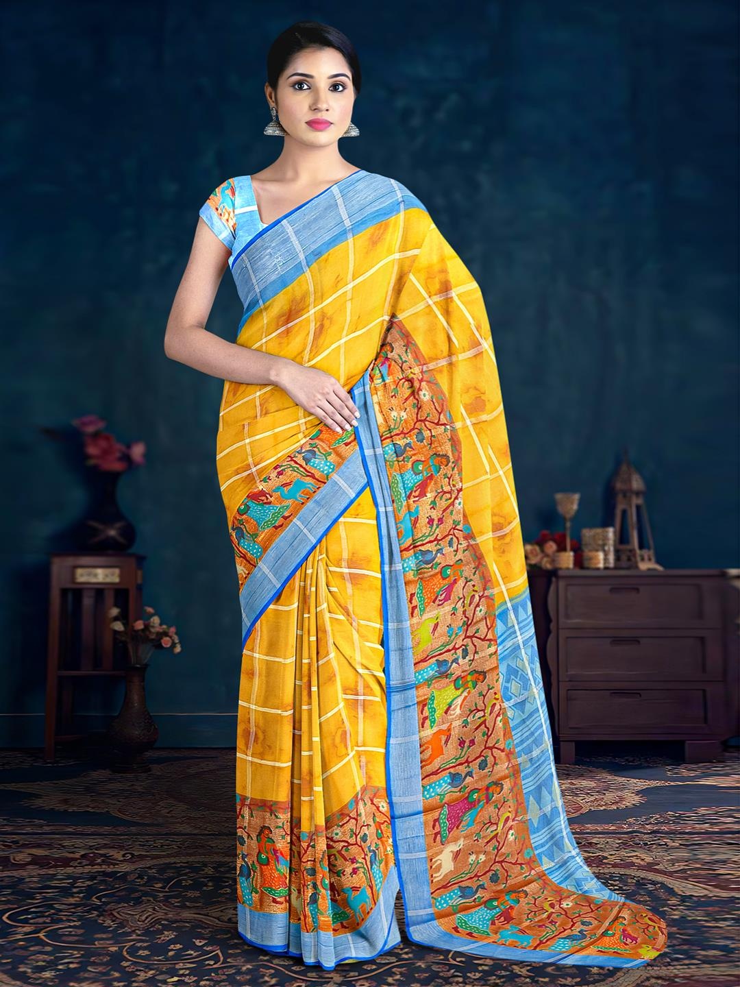 

Kalamandir Checked Printed Bordered Saree, Mustard