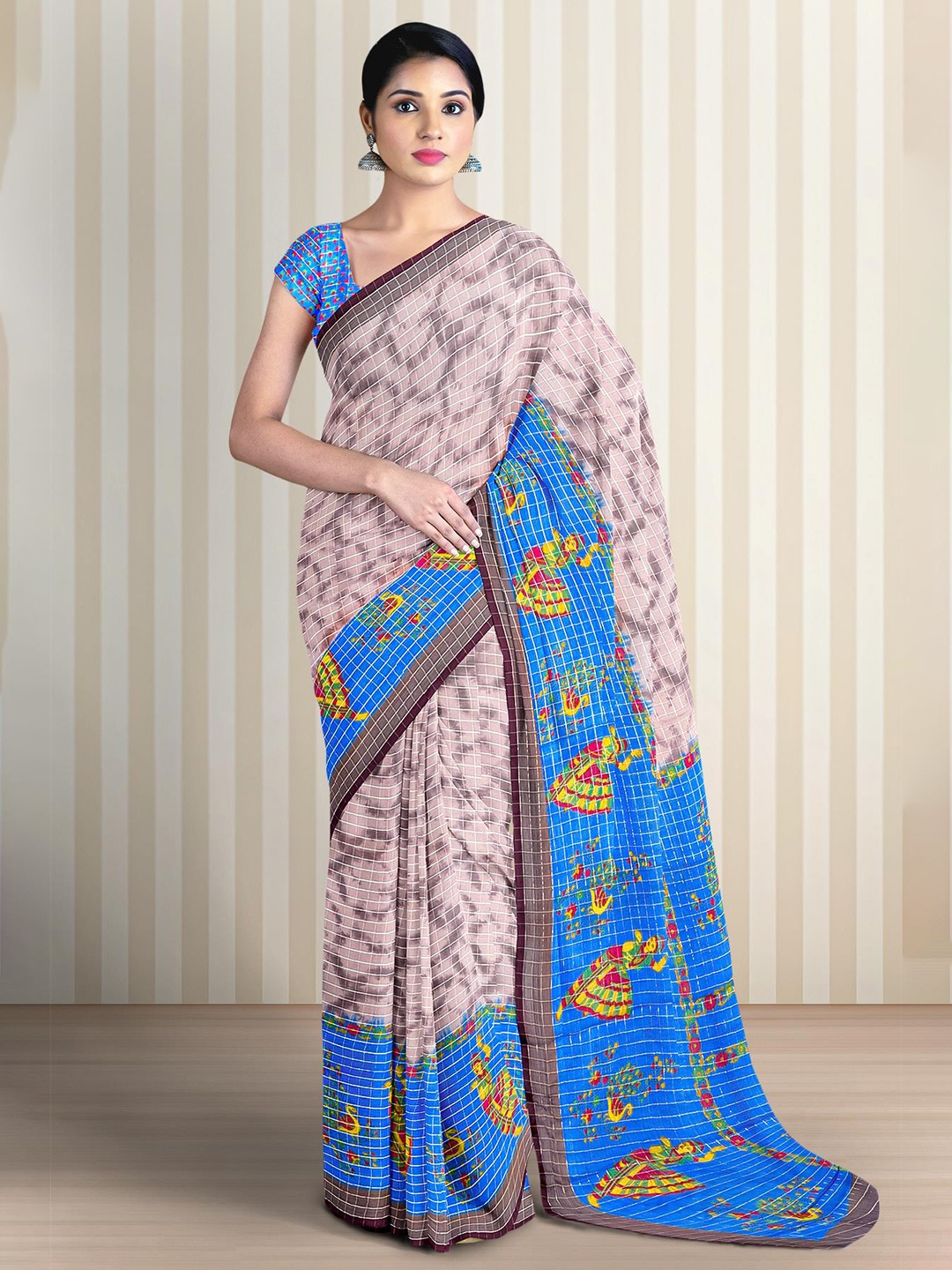 

Kalamandir Abstract Printed Checked Bordered Saree, Purple