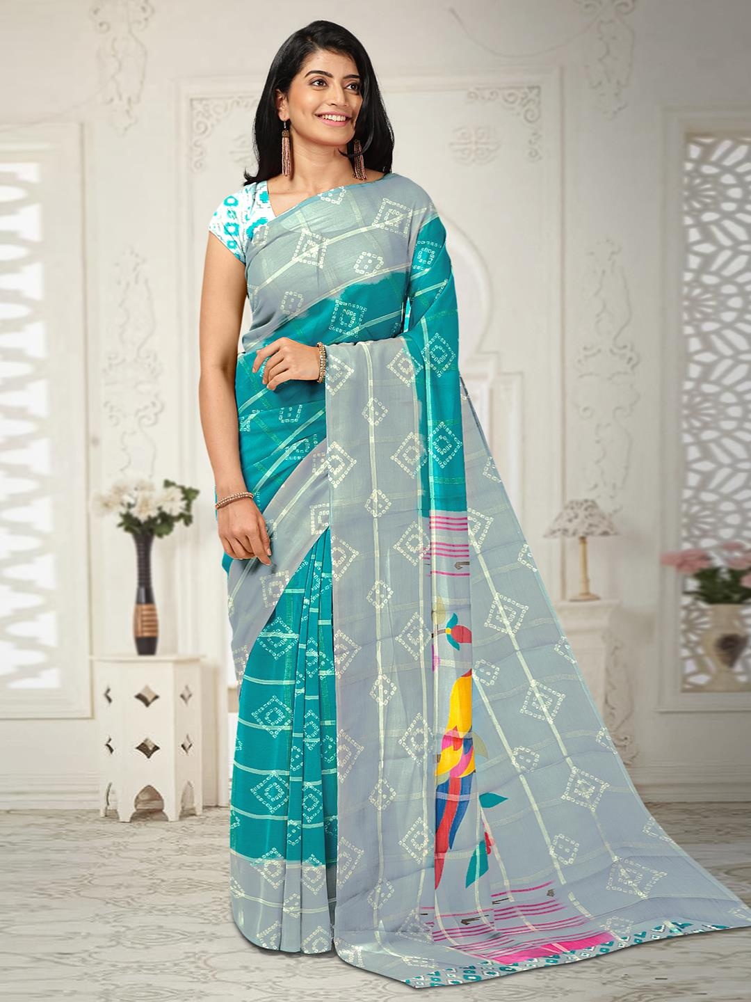 

Kalamandir Bandhani Printed Saree, Teal