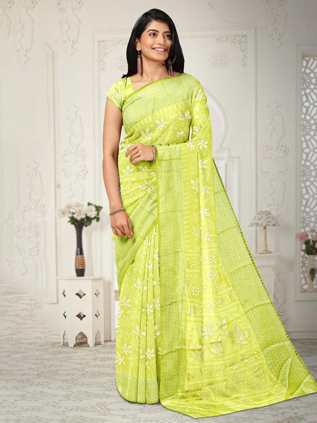 

Kalamandir Floral Printed Saree, Lime green