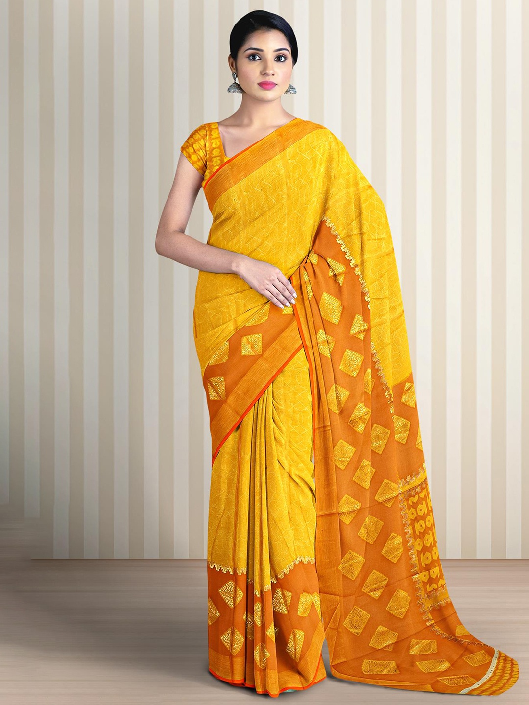 

Kalamandir Ethnic Motifs Woven Design Zari Border Saree, Mustard