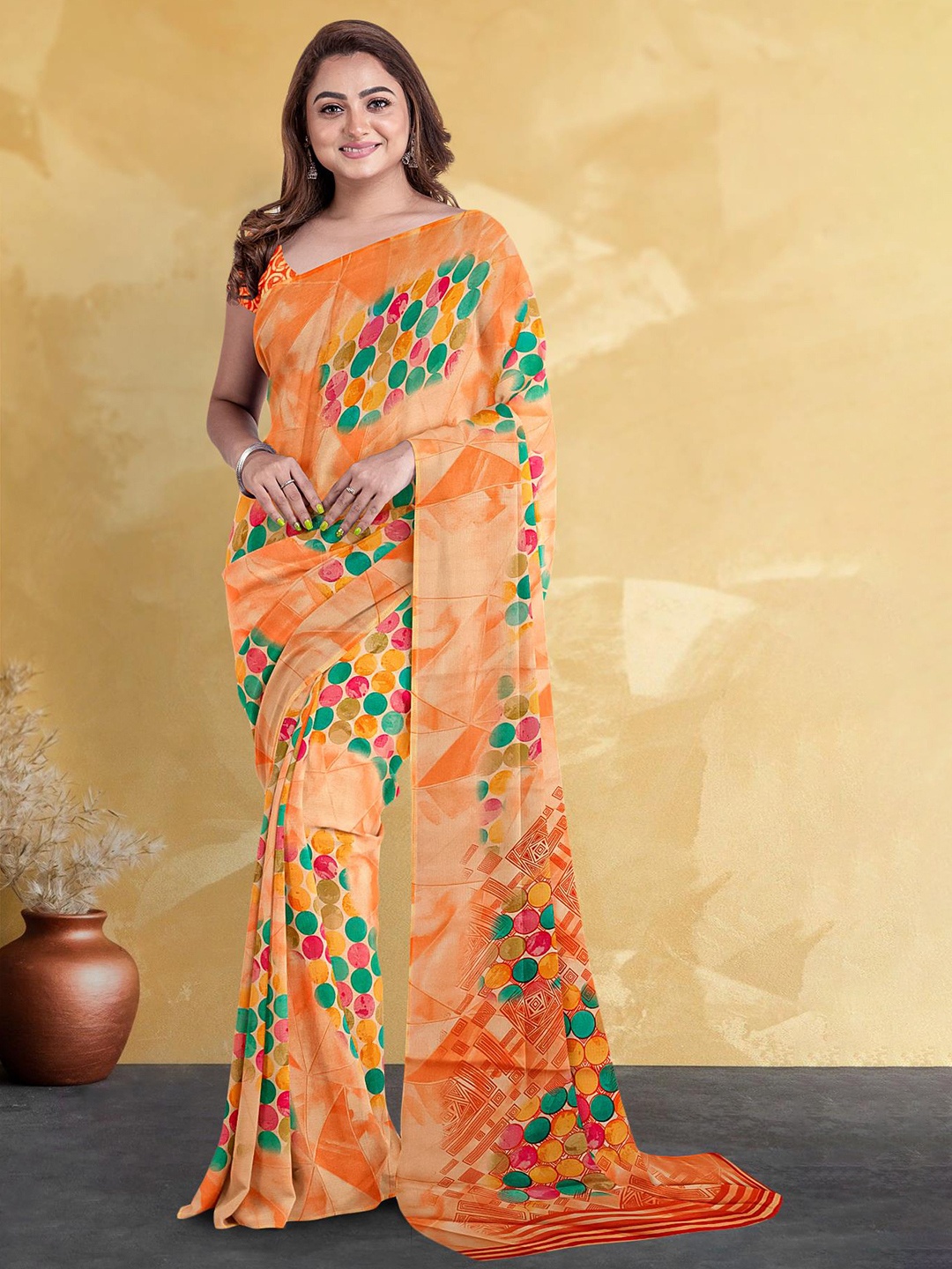 

Kalamandir Polka Dots Printed Saree, Orange