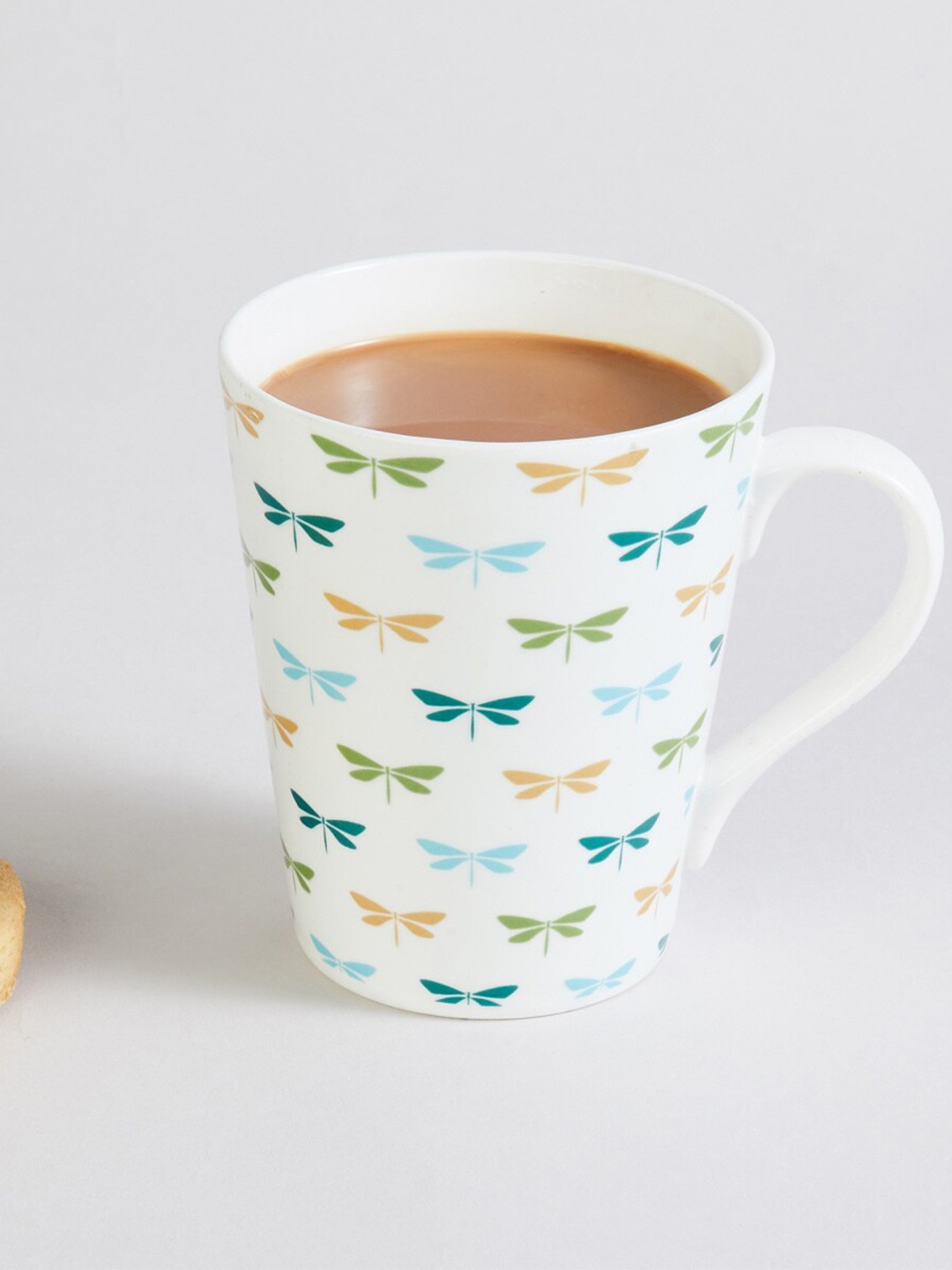 Home Centre Corsica Dragonfly White & Green Printed Bone China Glossy Mug 340 ml
