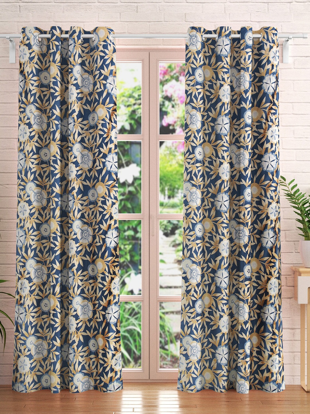 

Home Centre Essentials Vivian Set Of 2 Blue & Beige Floral Black Out Door Curtains
