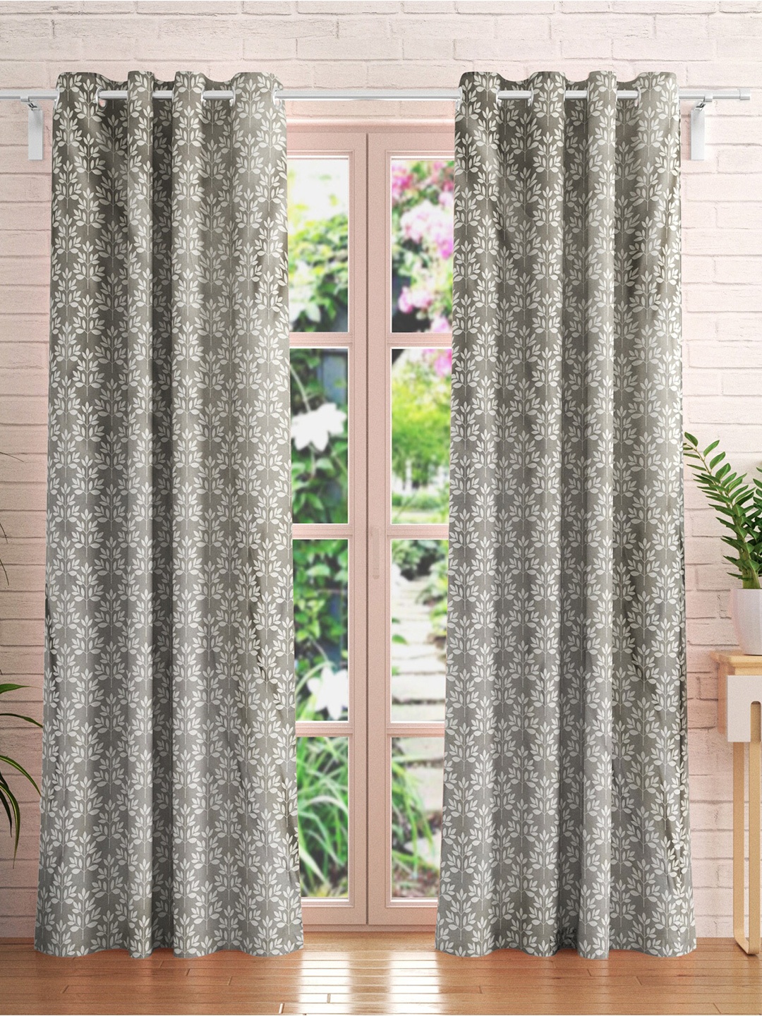 

Home Centre Essentials Vivian Set Of 2 Grey & White Floral Black Out Door Curtains