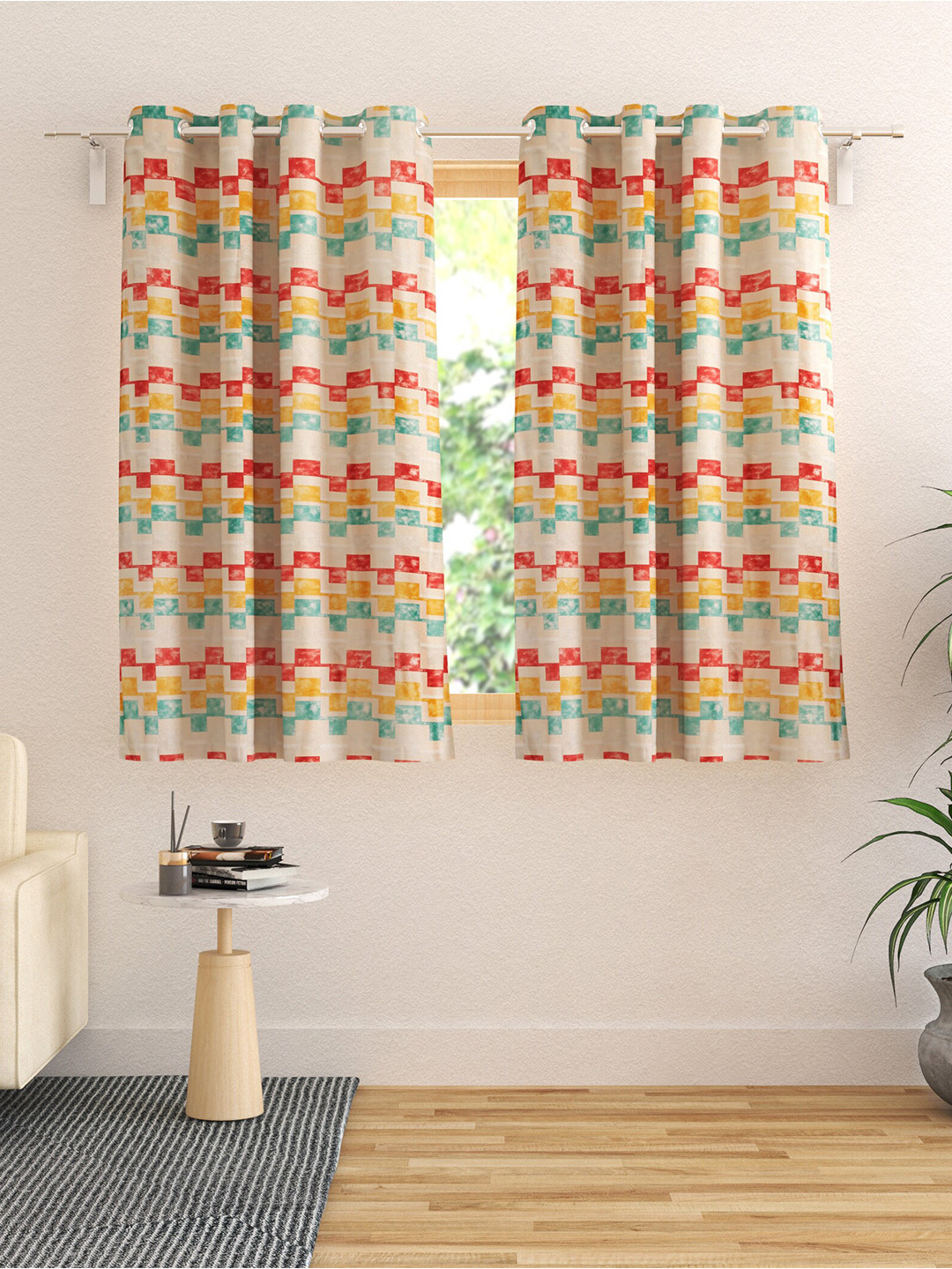 

Home Centre Essentials Vivian Set Of 2 Beige & Red Geometric Black Out Window Curtains