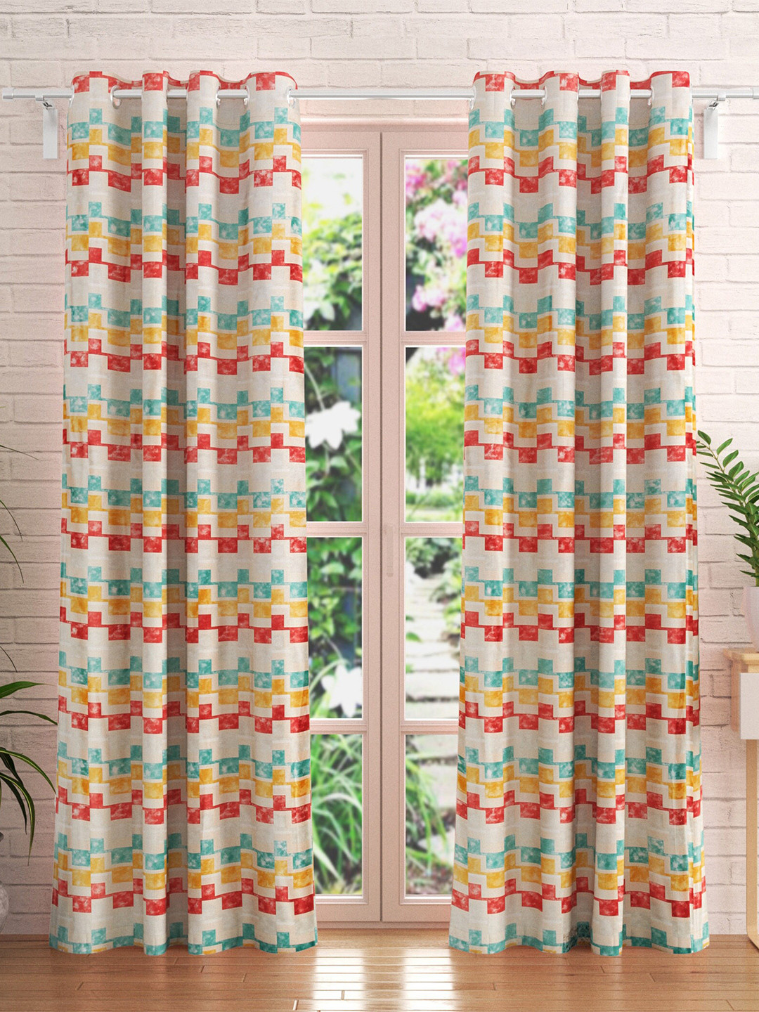 

Home Centre Essentials Vivian Set Of 2 Beige & Green Geometric Black Out Door Curtains