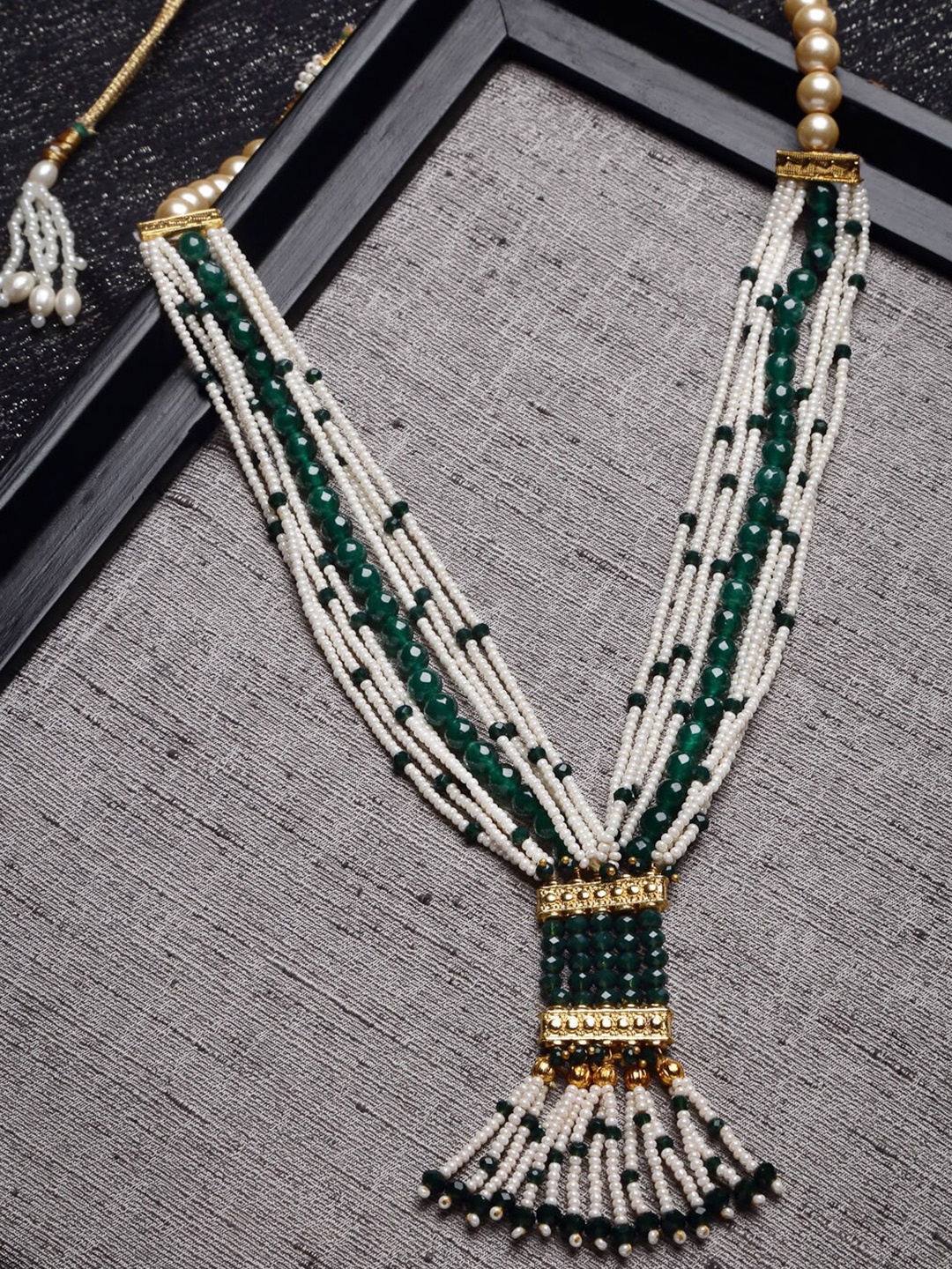 

PANASH Green & White Gold-Plated Pearl Beaded Multilayer Handcrafted Necklace