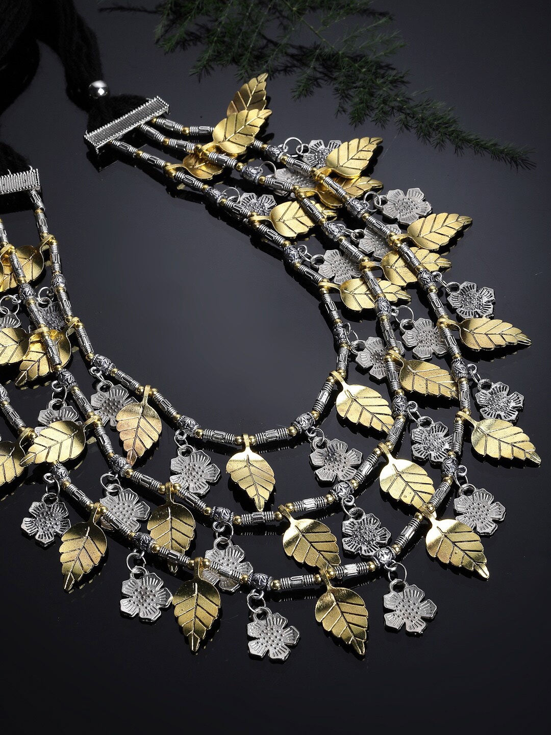 

PANASH Gold-Plated & Oxidized Leaf Shaped Layered Necklace, Silver