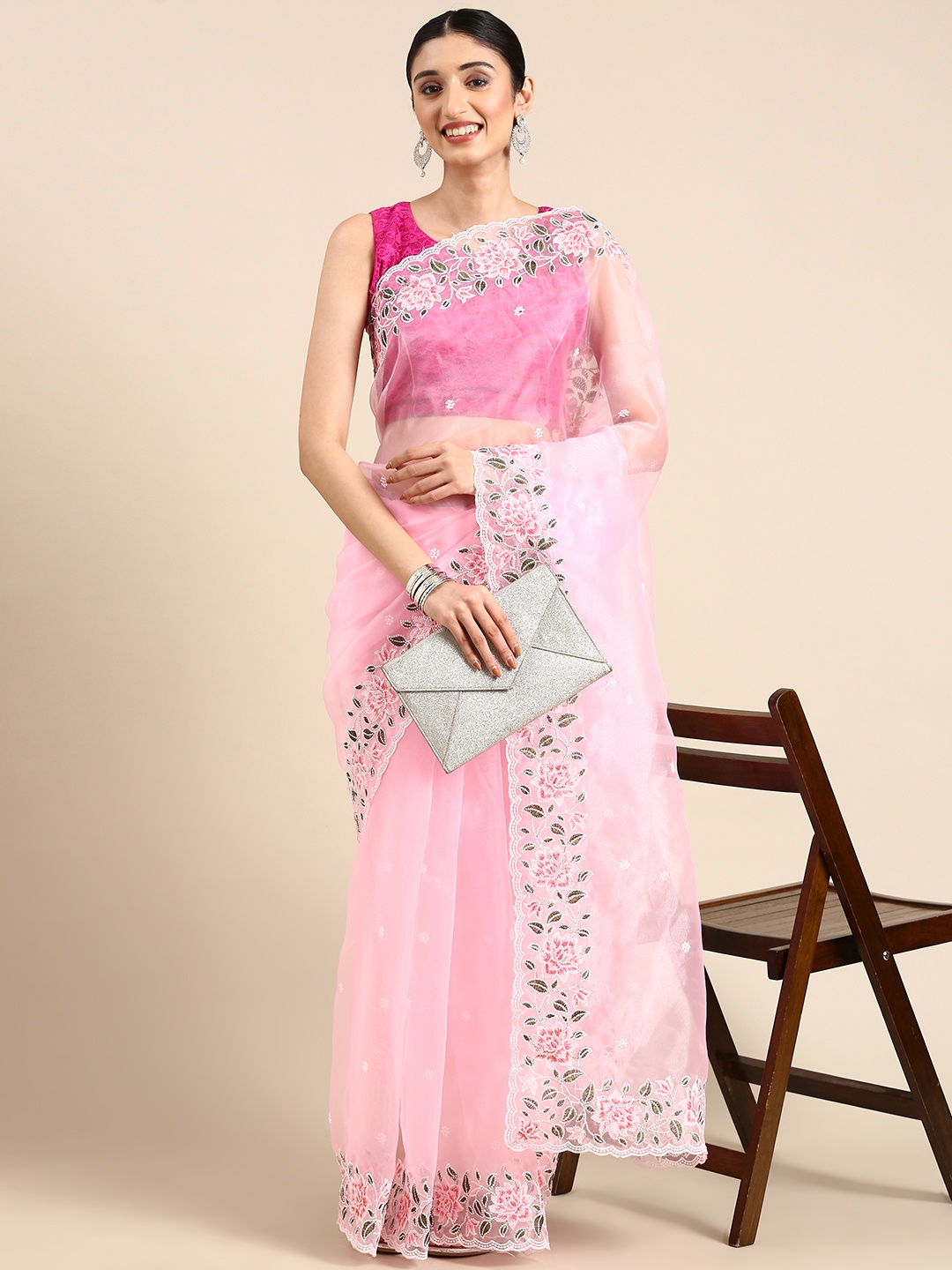 

Anouk Ethnic Motifs Embroidered Organza Saree, Rose