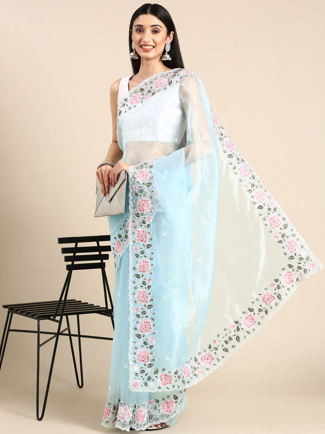 

Anouk Ethnic Motifs Embroidered Organza Saree, Turquoise blue