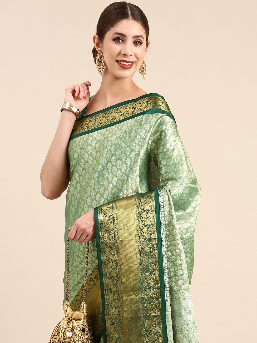 

Anouk Ethnic Motifs Zari Silk Blend Saree, Green