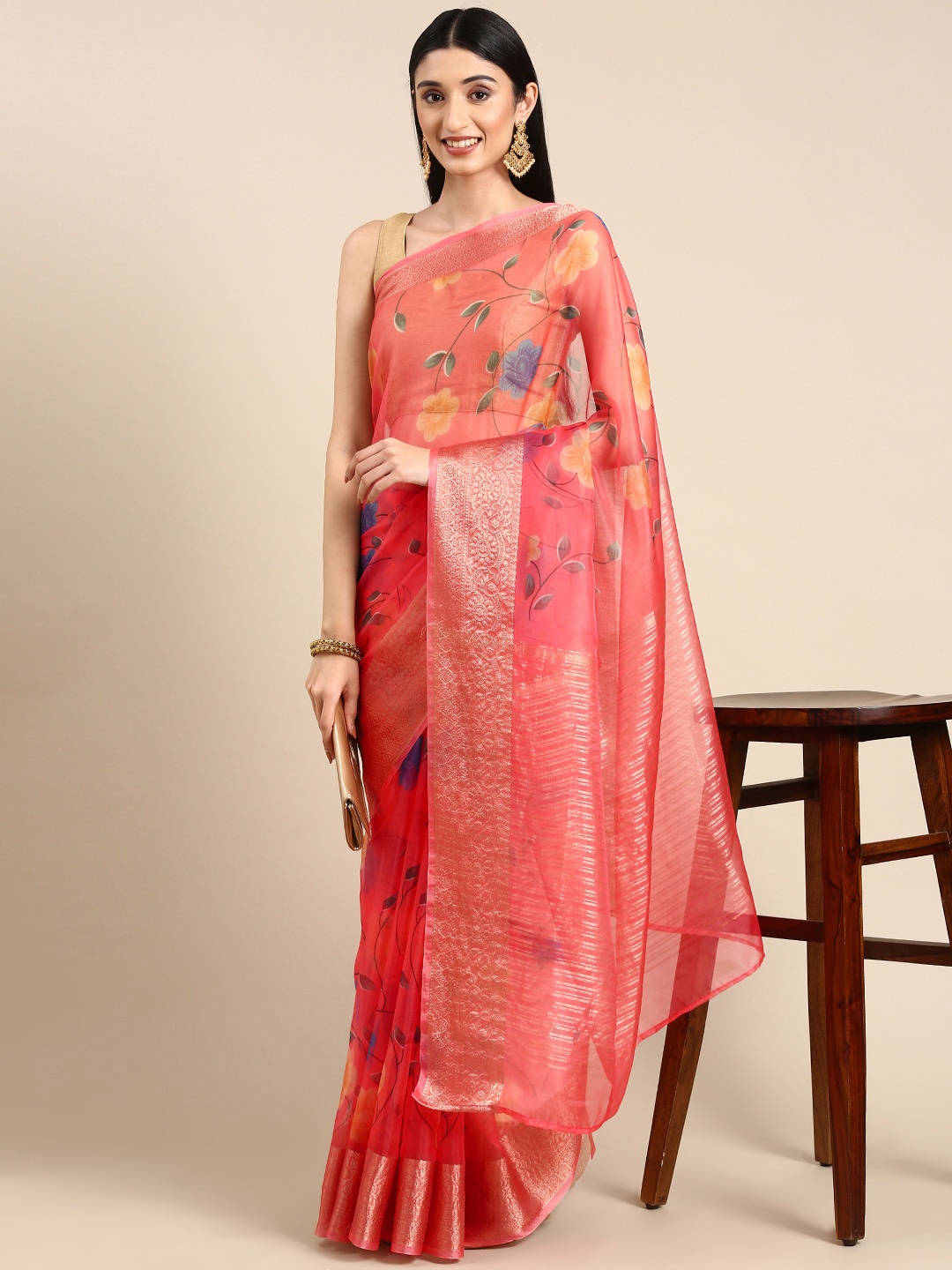 

Anouk Woven Design Floral Organza Saree, Coral