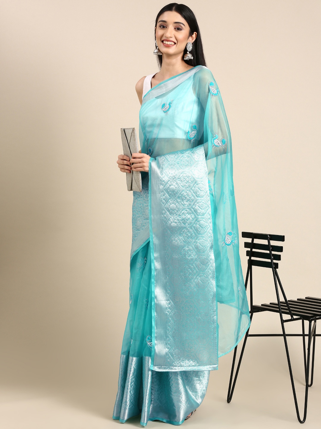 

Anouk Embroidered Ethnic Motifs Zari Silk Blend Saree, Blue