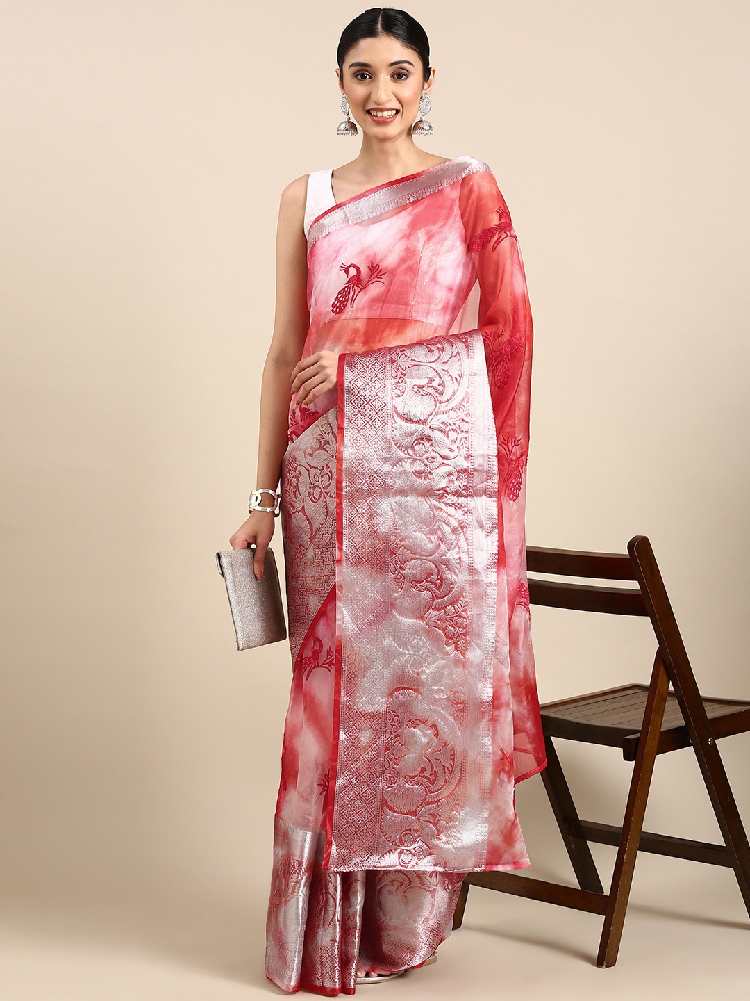 

Anouk Embroidered Ethnic Motifs Zari Organza Saree, Red