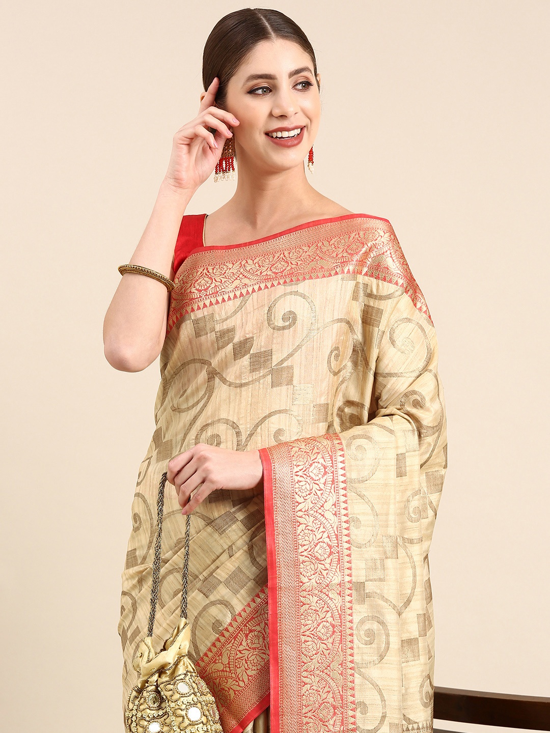 

Anouk Ethnic Motifs Zari Silk Blend Saree, Beige