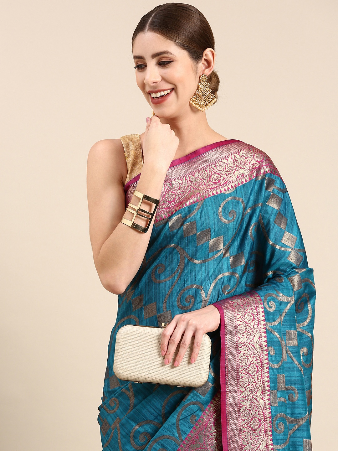

Anouk Ethnic Motifs Zari Silk Blend Saree, Navy blue