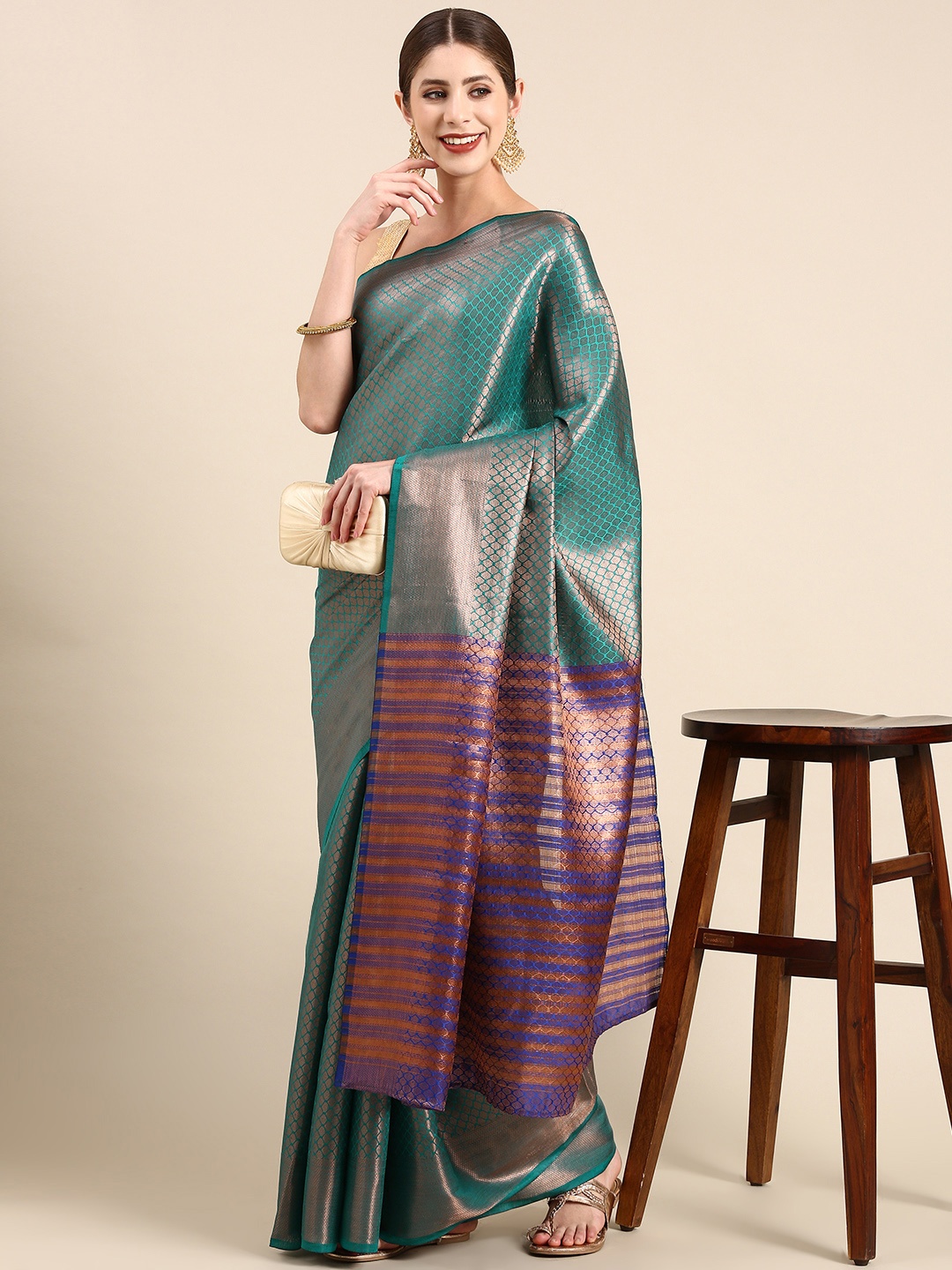 

Anouk Woven Design Zari Silk Blend Saree, Teal