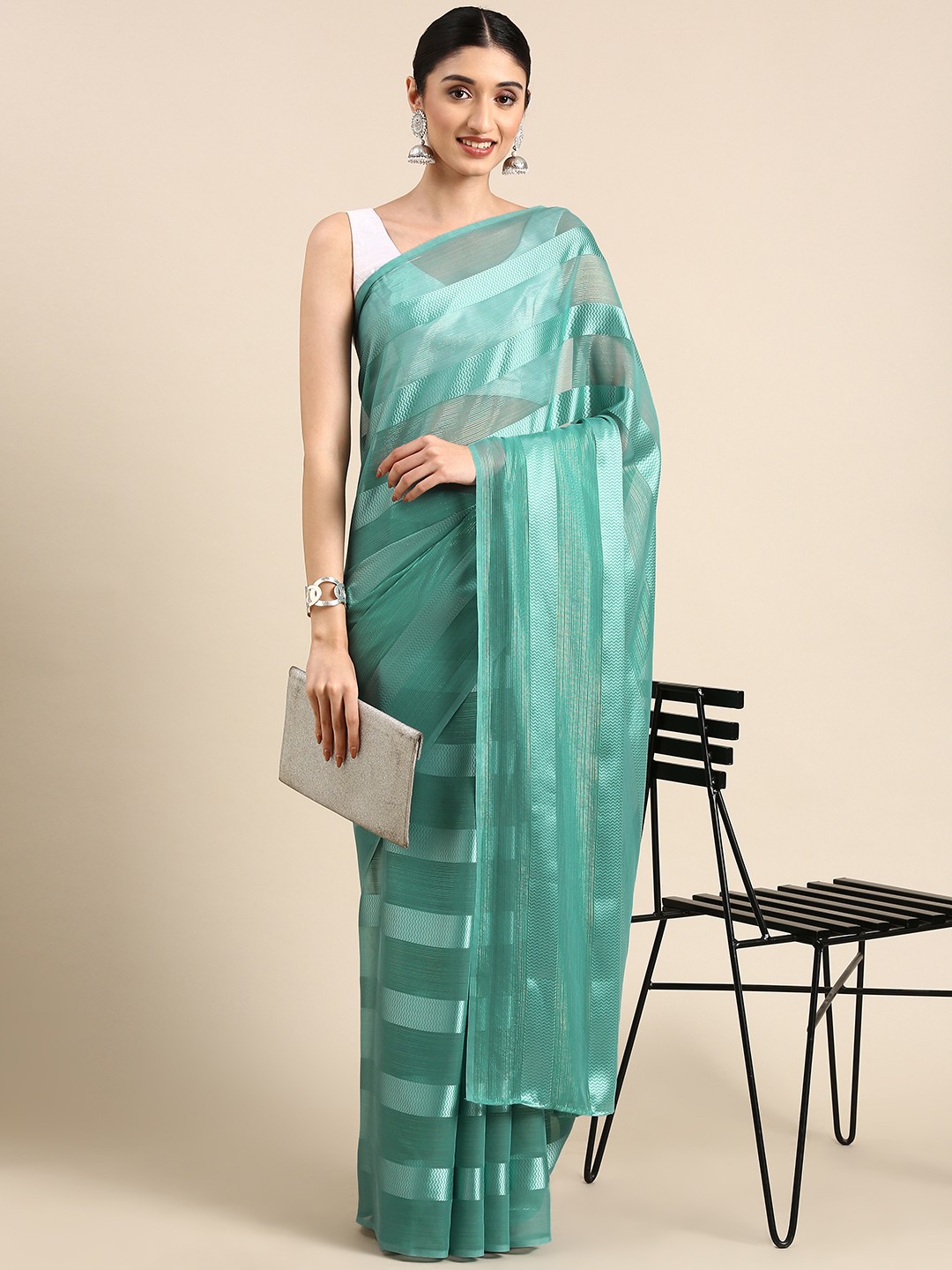 

Anouk Striped Poly Georgette Saree, Teal