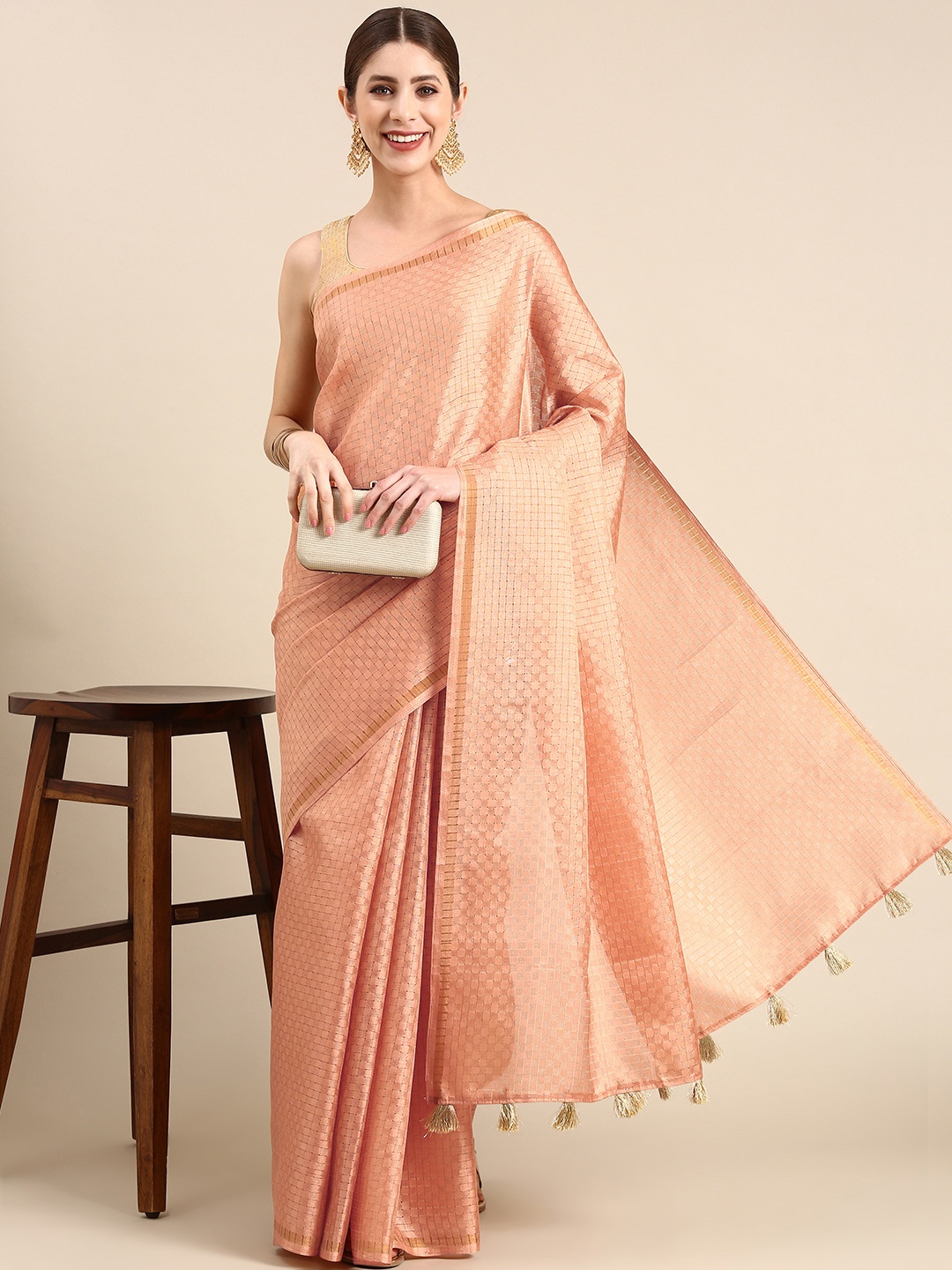 

Anouk Woven Design Checked Silk Blend Saree, Coral