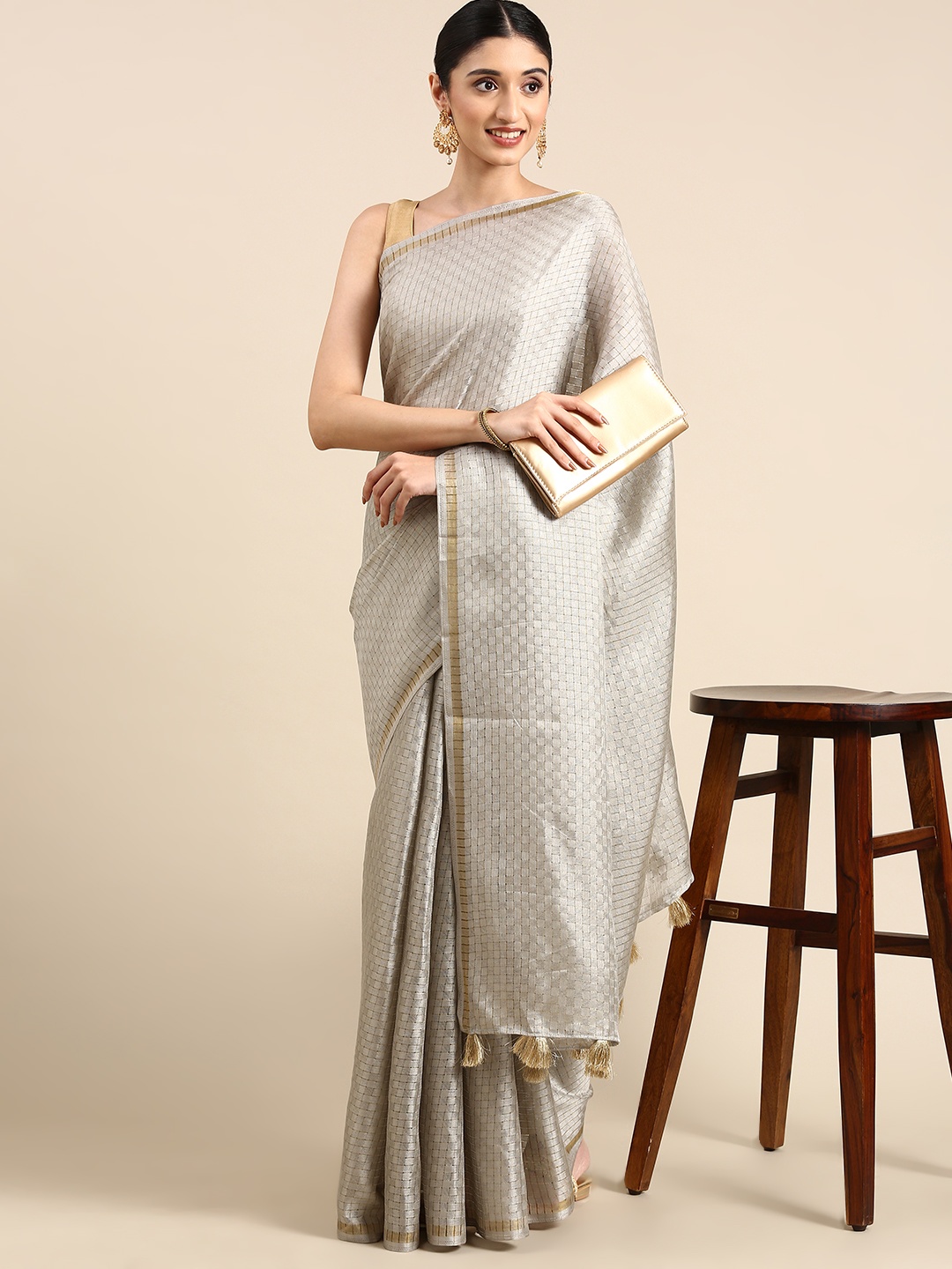 

Anouk Woven Design Checked Silk Blend Saree, Grey